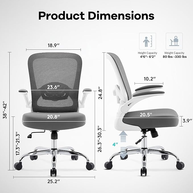 Office Chair,Ergonomic Desk Chair with Adjustable Lumbar Support, Mesh High Back Computer Chair with Flip-up Armrests,Rocking Tilt Rolling Swivel Executive Chair for Home Office Grey