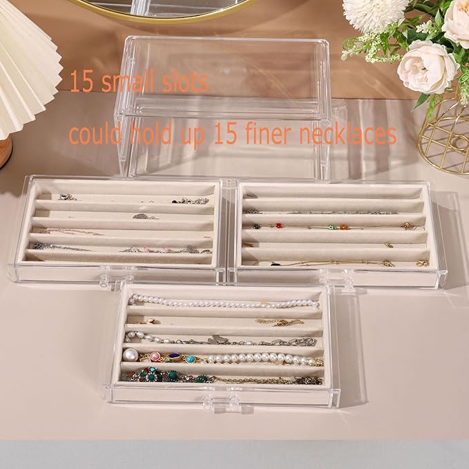 Necklace Organizer Box with Clear Lid, Dustproof Velvet Jewelry Holder Storage Display Case, Stackable Acrylic Necklace Tray Drawer Insert for Women and Girls (Beige,3 Drawers)