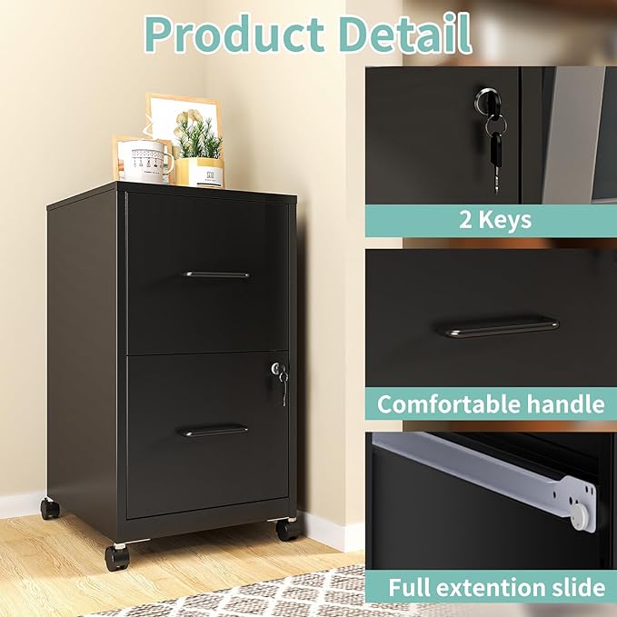 AQY 2 Drawer Mobile File Cabinet with Lock, Rolling Metal Filing Cabinet for Home Office, Vertical File Cabinet on Wheels, Small Black File Storage Cabinets for Legal/Letter/A4 Files Assembly Require