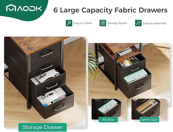 AODK 66" L Shaped Computer Desk, 113“ Reversible Home Office Desk with File Cabinet & 4 Fabric Drawers, Two Person Desk with LED Lights & Power Outlet, Corner Gaming Desk with Monitor Shelf, Vintage