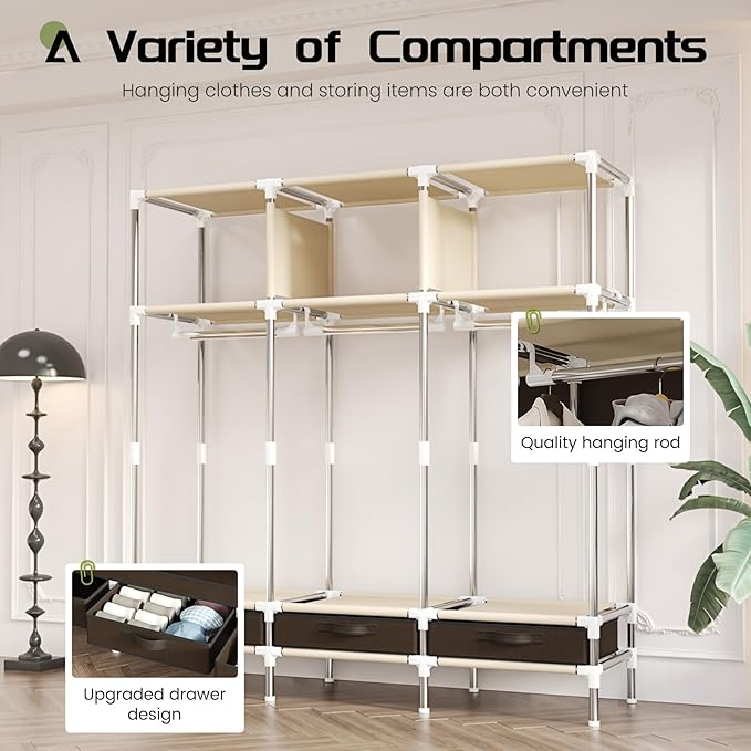 Portable Amories Closet Wardrobe with Non Woven Fabric Cover,59 Inch Large Metal Clothes Rack Storage Closet with 3 Hanging Rods,3 Drawers and 3 Storage Shelves,Brown,for Small Room