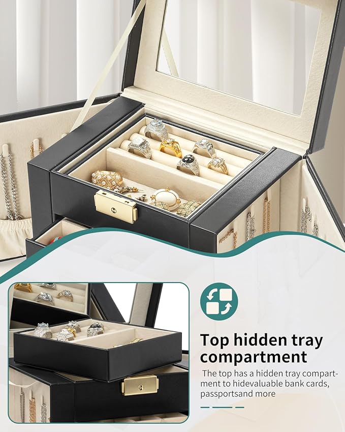 AKOZLIN 5-Tier Jewelry Box Leather Jewelry Storage Organizer with 4 Drawers Lockable for Women Girls Ring Necklace Earring Bracelet Watches Holder with Mirror Black