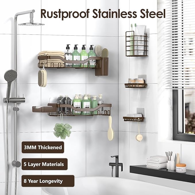 Shower Caddy Adhesive Shower Organizer 7-Pack, Rustproof Stainless Steel Bathroom Shelves, Large Capacity No-Drill Rack Storage Accessories with Soap Dish Toothbrush Holder Hooks (Brown)