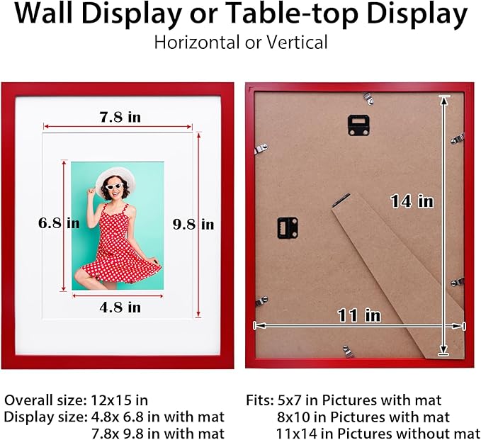 KINLINK 11x14 Picture Frame Red, Solid Wood Frames with Acrylic Plexiglass for Pictures 5x7/8x10 with Mat or 11x14 without Mat, Tabletop and Wall Mounting Display, Set of 4