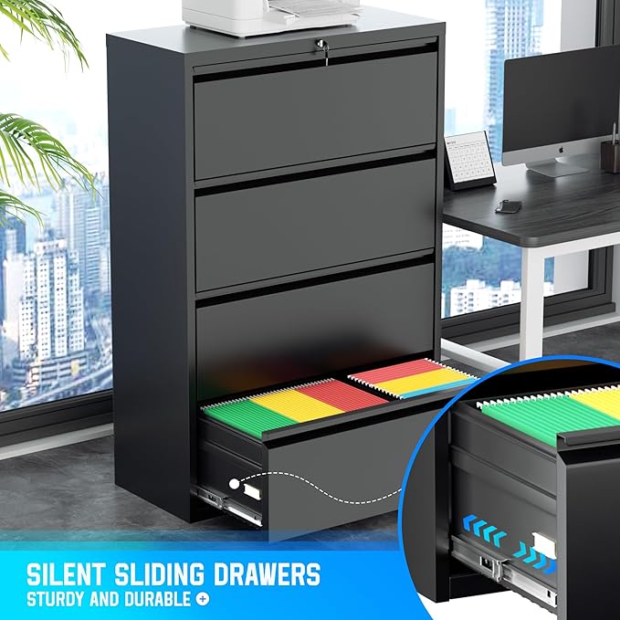 Greenvelly 4 Drawer Lateral File Cabinet with Lock, Black Locking Lateral Filing Cabinet with Drawers, Office Metal File Cabinets for Legal Letter Size with Keys and Hanging Frame