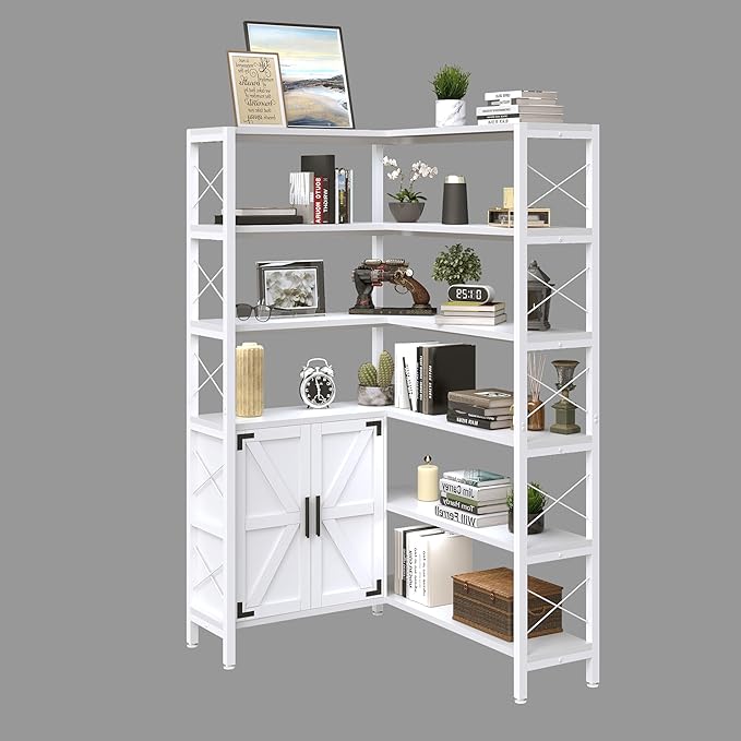 Corner Bookshelves 6 Tier, Farmhouse Wooden Bookcases for Corner, L Shaped Etagere Bookshelf with Storage for Living Room Home Office