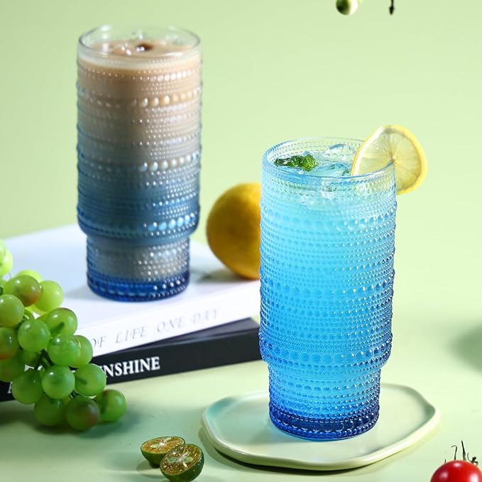 6pcs Hobnail Drinking Glasses Set, 16 oz Vintage Glassware Drinking Glasses, Gradual Blue Water Glasses Tumbler, Cups for Kitchen, Juice, Beer, Cocktail, Whiskey