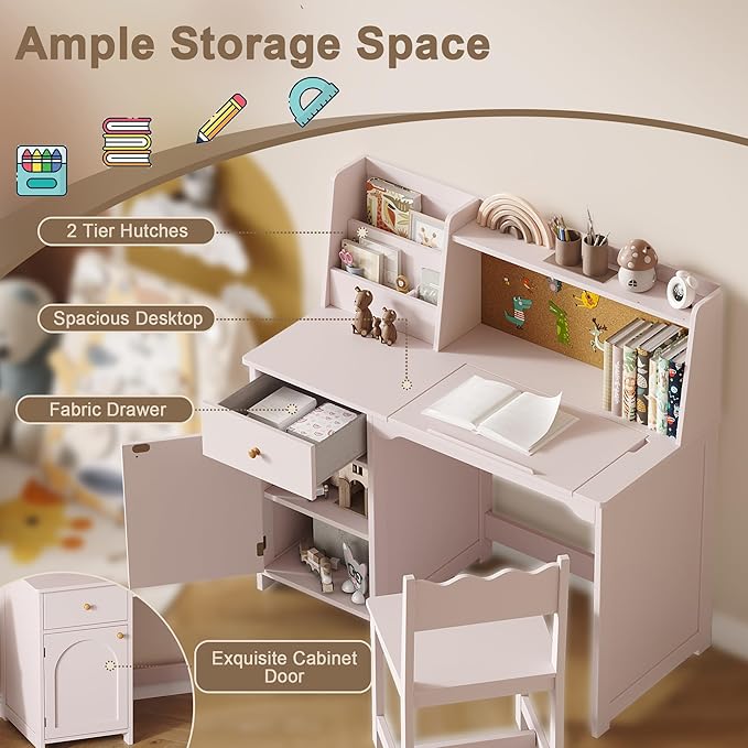 Treocho Kids Study Desk and Chair Set, Kids Desks with Hutch and Tiltable Desktop for 5-12 Years Old, Wooden Children Study Table with Fabric Drawer, Student Writing Desk Bedroom, Home School, Pink