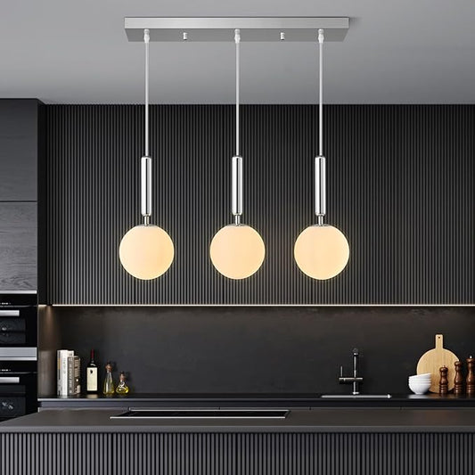 Modern Chrome Pendant Lights Kitchen Island Mid Century with Globe Pendant Light Milk White Glass Pendant Lighting for Living Room Bedroom Entryway (3 Lights)