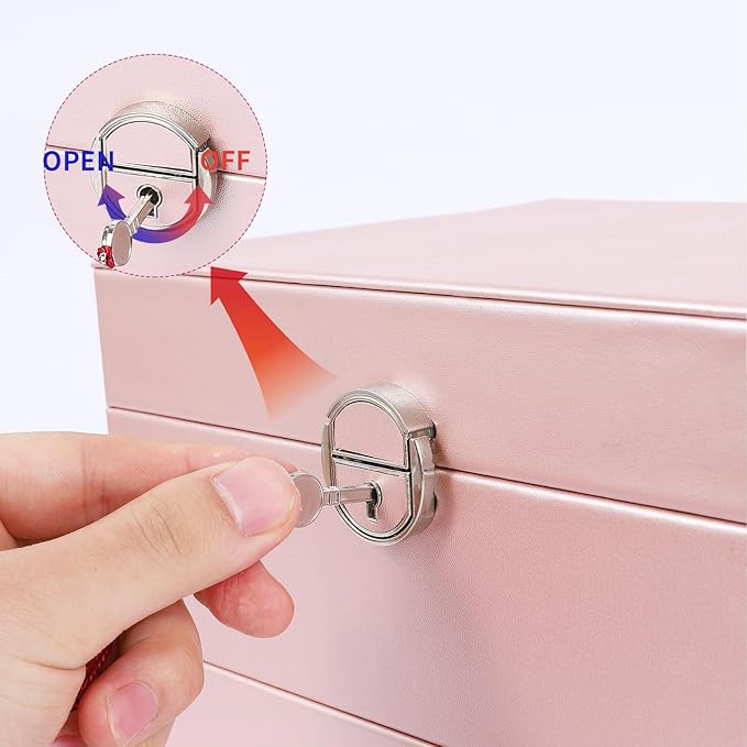 BOOVO Earring Jewelry Box For Women Girl Stud Organizer, 5 Layers Girl Jewelry Organizer Box With Lock Earring Holder Organizer Necklace Ring Jewelry Organizer Box For Girls (rose gold)