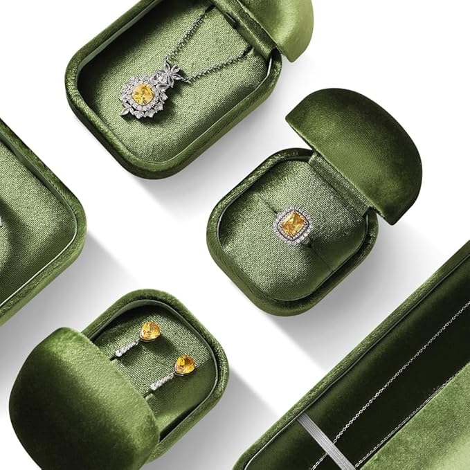 Resilient Velvet Ring Earrings Bracelet Necklace Display Box, Travel Mini Jewelry Organizer Case (Green, Necklace Box)