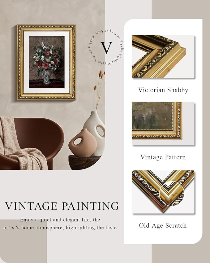 VIYYIEA Gold Framed Wall Art Canvas Print Home Decor Flower Wall Decor Vintage Botanical Prints Floral Paintings Art Pictures Room Decor Floral Wall Art Prints for Living Room Bedroom Office 11x14in