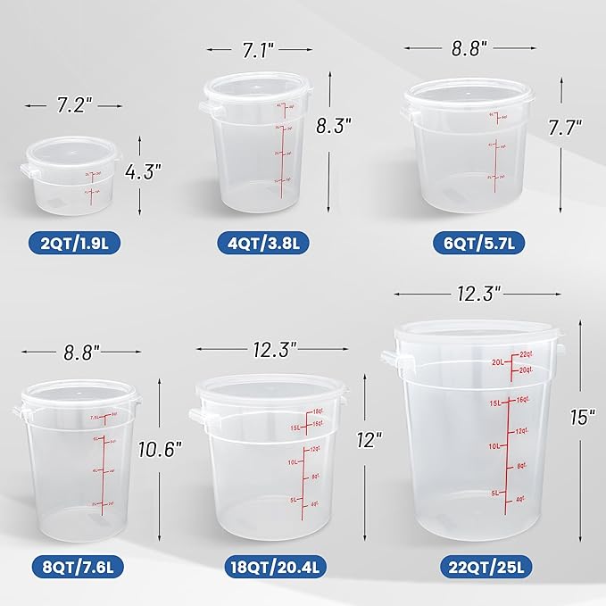 4 Pack 8QT Round Food Storage Containers with Lids, BPA-Free Polypropylene NSF Commercial Food Container, with Labels & Measuring Cup