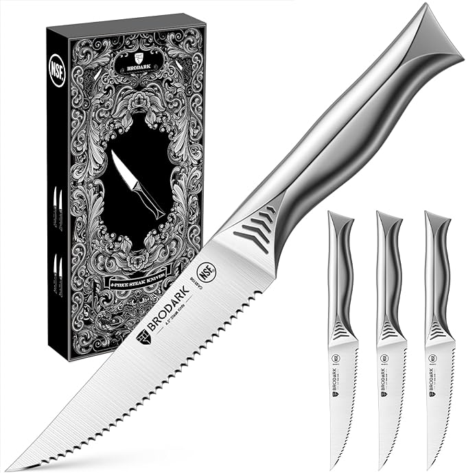 BRODARK Steak Knives Set of 4: 4.5 Inch Serrated Steak Knives - High Carbon Stainless Steel Kitchen Steak Knife Set - Never Need Sharpening - NSF Certified, Shark Series
