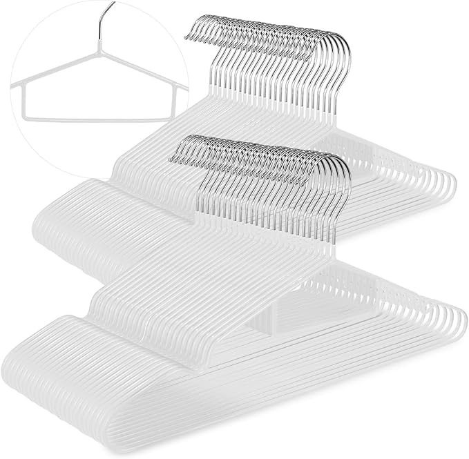 Clothes Hangers, 50Pack Black Metal Hangers with Tie Bar,Non-Slip Heavy Duty Hanger with Shoulder Notches for Dress and Camisole,15.7'W Shirt Hanger（White）