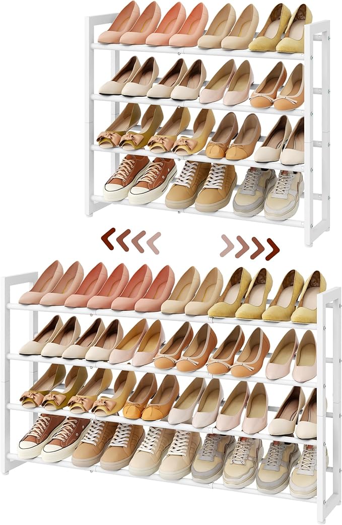 FAVOOSTY 4-Tier Expandable Shoe Rack, Adjustable Shoe Shelf Storage Organizer Space Saving Metal Free Standing Shoe Rack for Entryway Closet Doorway, White