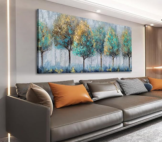 NINEASO Abstract Forest Canvas Wall Art - Teal Yellow Trees Pictures Grey Blue Earthy Wall Decor Modern Botanical Painting Print Artwork for Living Room Bedroom Home Office Decor 20" x 40"