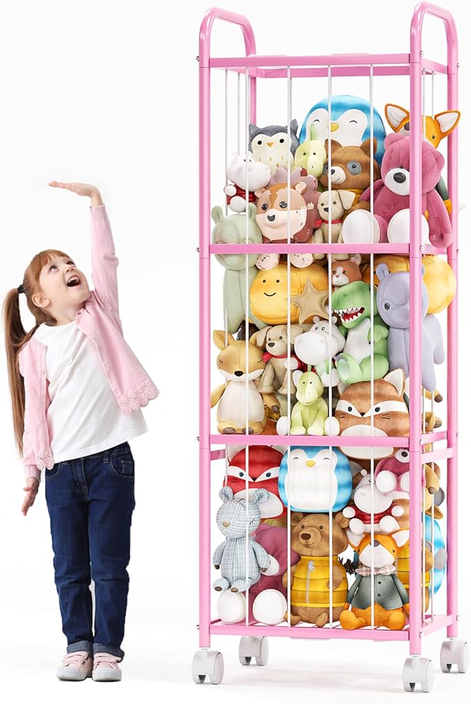 Stuffed Animal Storage Zoo Cage-Stuffed Animal Holder with Heavy Duty Metal Frame & Wheels,Space Save Large Toy Organizer for Kids Holds 50+ Plush Toys for Playroom Bedroom Nursery