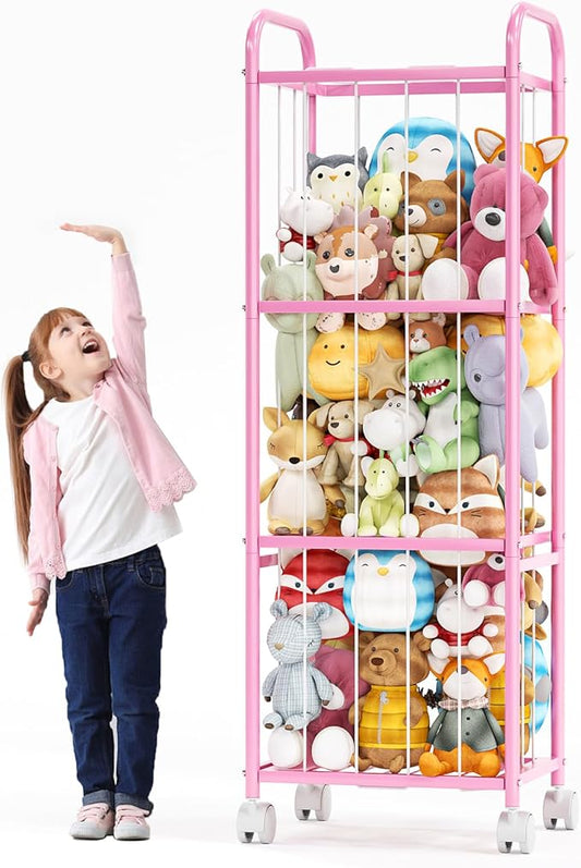 Stuffed Animal Storage Zoo Cage-Stuffed Animal Holder with Heavy Duty Metal Frame & Wheels,Space Save Large Toy Organizer for Kids Holds 50+ Plush Toys for Playroom Bedroom Nursery