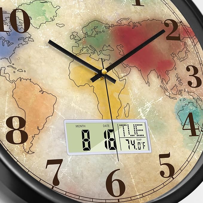 Modern Round Retro Digital and Analog Wall Clock Silent Calendar Colorful World Map Vintage Clocks with Date and Temperature Week Quiet Non-Ticking Kid Room Office Kitchen Decor for Bedroom 14 Inch