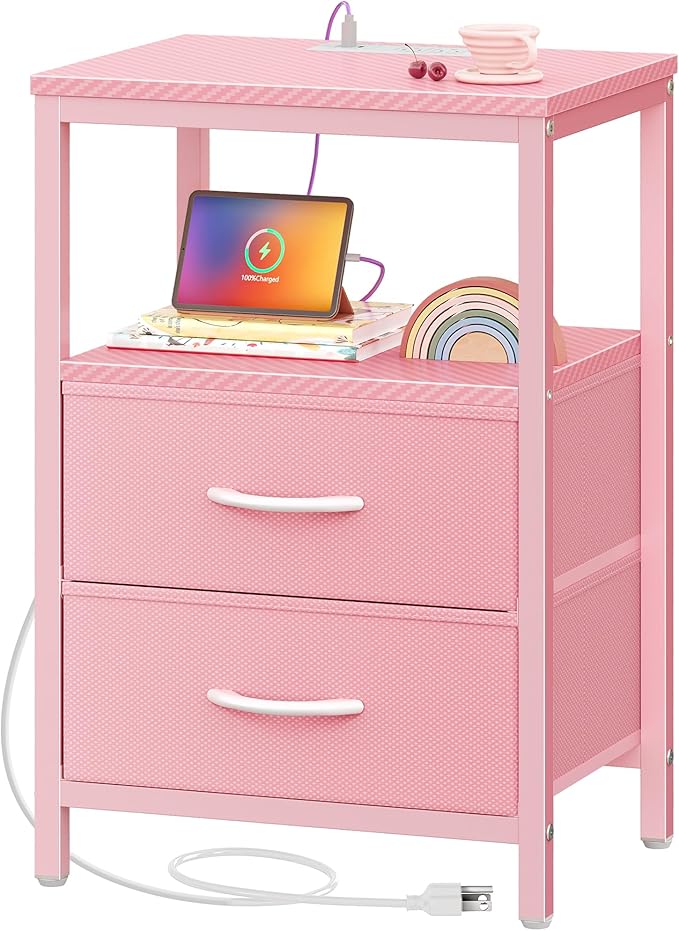 Huuger Nightstand with Charging Station, Side Table with Fabric Drawers, End Table with Open Shelf, Bedside Table with USB Ports and Outlets, Night Stand for Bedroom, Pink