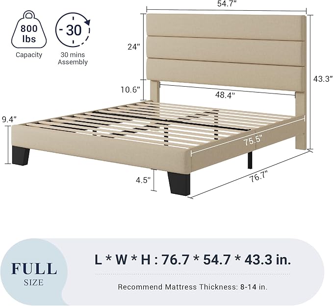 Allewie Full Size Platform Bed Frame with Fabric Upholstered Headboard and Wooden Slats Support, Fully Upholstered Mattress Foundation/No Box Spring Needed/Easy Assembly, Beige