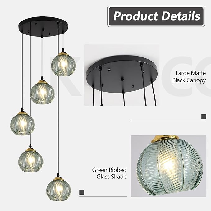 KCO Lighting 5 Light Cluster Pendant Lighting Black Globe Cluster Pendant Light Mid Century Modern Stairwell Chandelier Lighting Vintage Green Glass Pendant Light for Kitchen Island, L1170-G