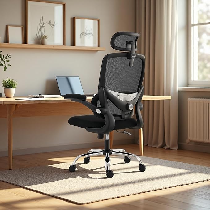 Ergonomic Home Office Chair, High Back Mesh Desk Chair with Adjustable Lumbar Support, Flip-up Armrest, Removable Headrest, Swivel Computer Gaming Chair, Space Saving, 330LBS (Black)