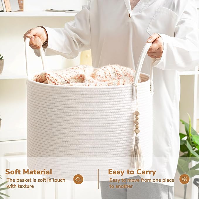 Goodpick Large Laundry Basket Decorative White Basket for Blankets, Baby Storage Basket for Nursery, Living Room, Bedroom, Big Rope Hamper 17.7 x 12.6 Inches, White