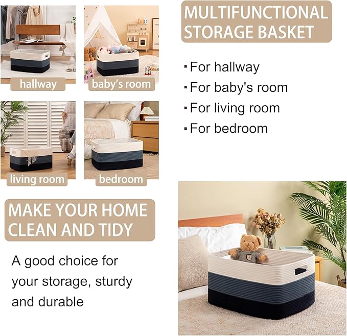 OIAHOMY Large Blanket Basket, 22”x17”x12” Rectangle Woven Baskets, Nursery Blanket Storage Living Room, Toy Storage With Handle, Large Baskets for Organizing-Gradient Blue