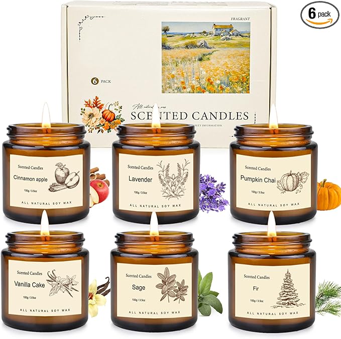 Fall Candles Gift Set,6 Pack Scented Candles for Home, Aromatherapy Gifts for Women Men, Fall Winter Holiday Natural Soy Candles Set for Birthday, Mother's Valentines Day Gifts for Her