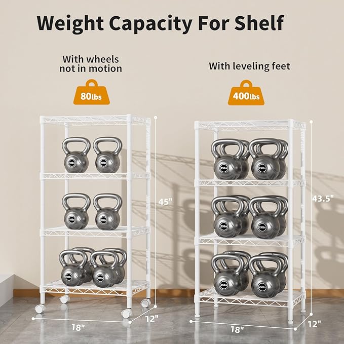 Small 4 Tier Shelves Storage Wire Shelving Unit Metal Shelf Adjustable Organizers Storage Shelving with Wheels for Bathroom Laundry Room Kitchen Pantry12”D x 18”W x 44.8”H White