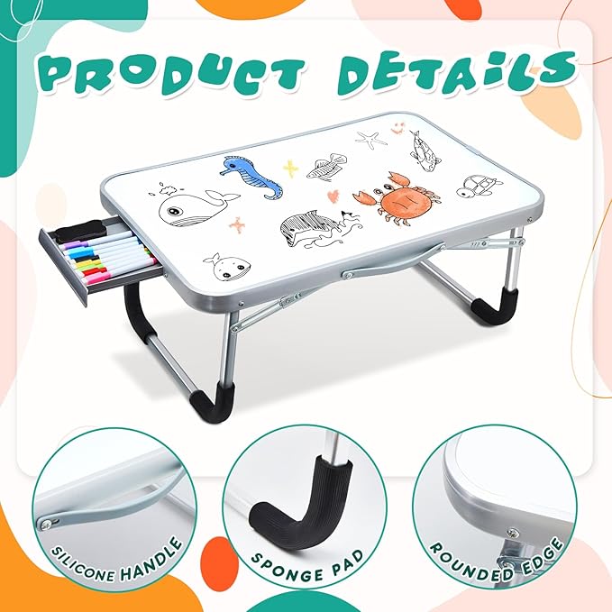 Suzile 1 Pc Kids Lap Desk with Dry Erase Board, 24" x 16" Foldable Study Tray with Drawer, Markers & Eraser, Portable Desk for Art, Homework, First Day & Back to School Supplies