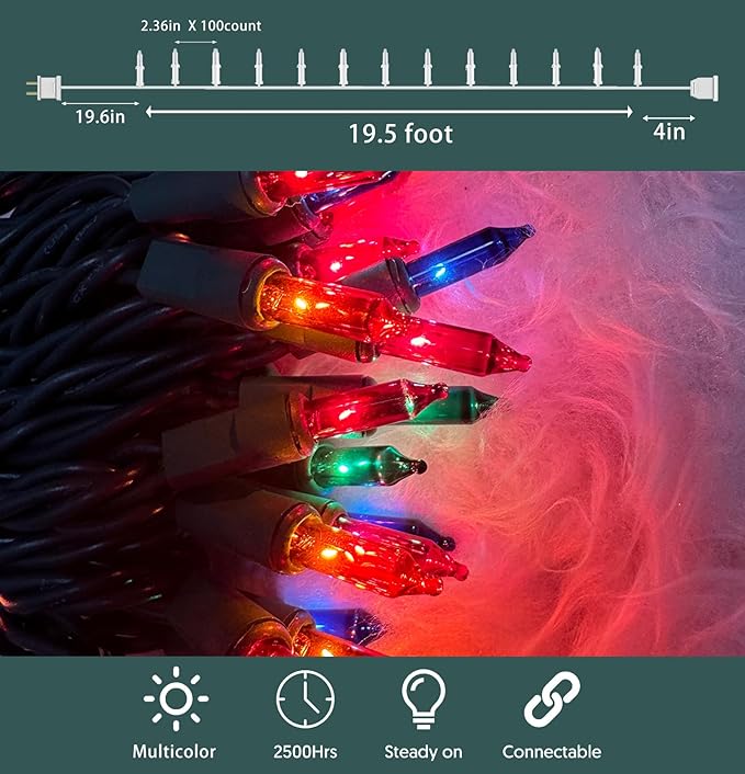 HISHINY Christmas Lights 100 Count Multicolor Christmas Tree String Lights with Green Wire for Outdoor Indoor Christmas Decorations Wedding Decorations Valentines Day Decor,UL Certified (21feet)