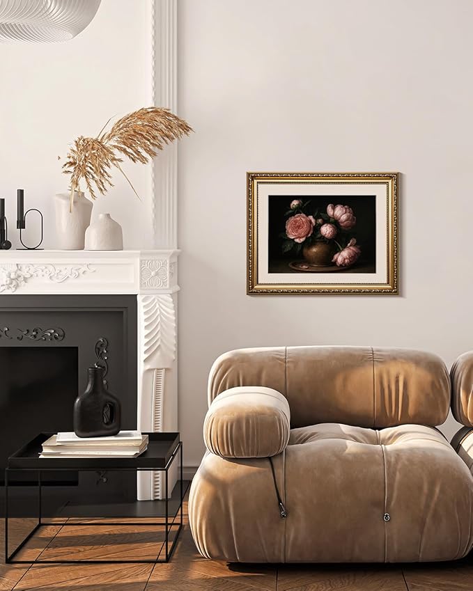 VIYYIEA Gold Framed Wall Art, Pink Peony Canvas Print Home Decor Vintage Art Painting Picture Bathroom Wall Decor, Flowers Artwork for Living Room Bedroom Kitchen Office - 16L x 13W