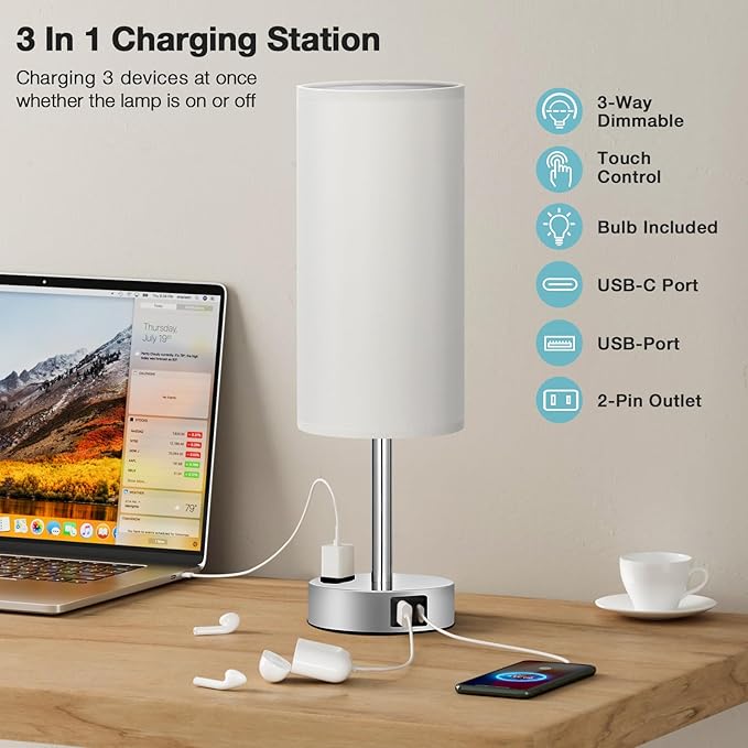 Light Grey Table Lamp for Nightstand - 3 Way Dimmable Touch Bedside Lamp USB C and A Charging Ports and AC Outlet, Small Desk Lamp with Silver Base for Office Nursery, LED Bulb Included