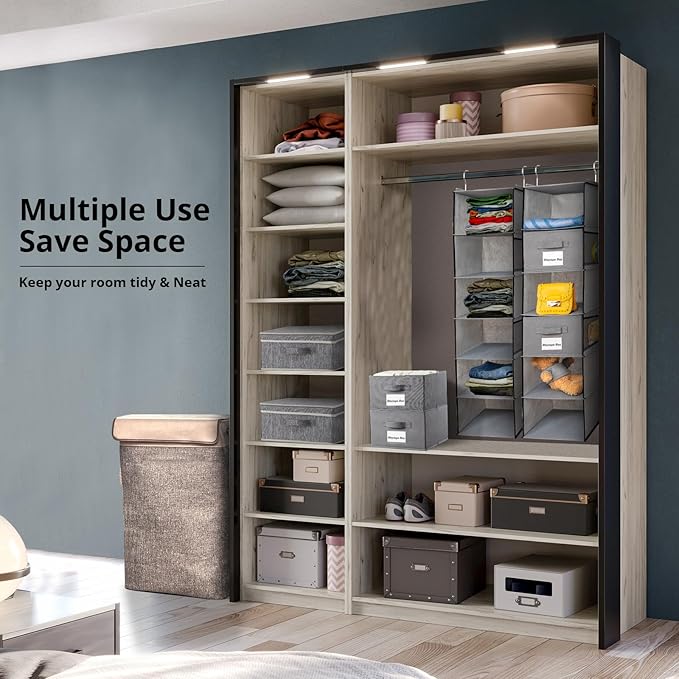 2 Pack 6 Shelves Hanging Closet Organizer with 2 Drawer, Hanging Storage with 4 Side Pockets for Clothes Shoes, 43.5"x12"x12"(Gray)