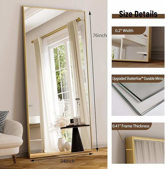 GLSLAND 76"x34" Full Length Mirror Extra Large Hanging or Leaning Rectangle Mirror Aluminum Alloy Thin Frame Bedroom Floor Dressing,Gold