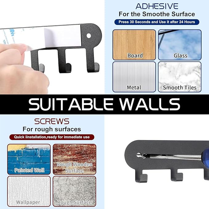 2 Pack Key Holder for Wall,Key Hooks,Key Holder Wall Mount Self Adhesive, Key Rack Wall Mount for Wall No Drill for Living Room, Kitchen, Bathroom, Garage (Black, 6 Hooks)