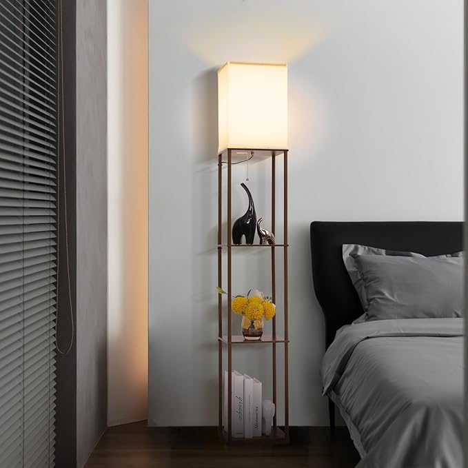 Floor Lamp with Shelves, Modern Square Standing Lamp with 3 Color Temperature Bulb, Corner Display Bookshelf Lamp for Living Room, Bedroom and Office (Brown-9)