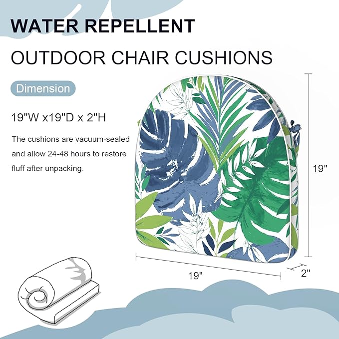 Set of 2 Outdoor Chair Cushions 19"x19"x2",Water Repellent Patio Seat Cushion with Ties and Removable Covers,Dining Chair Cushions for Indoor Kitchen and Patio Furniture,Islamorada Blue Green