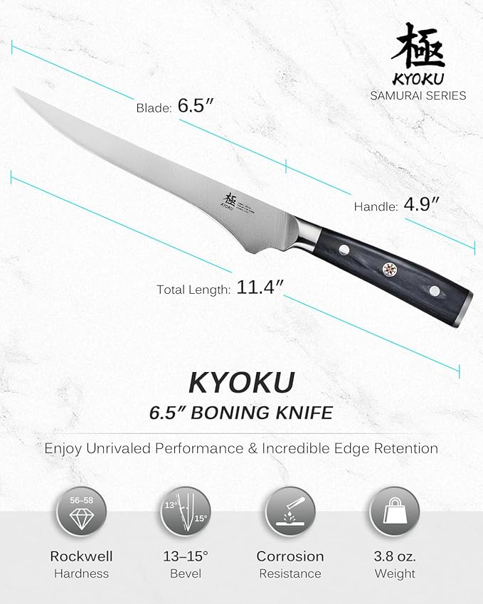 KYOKU 6.5" Boning Knife for Meat Cutting, Samurai Series Filet Knife with Pakkawood Handle, Japanese High Carbon Steel, Full Tang Kitchen Knife for Lamb Chop Pork Shoulder with Sheath and Case