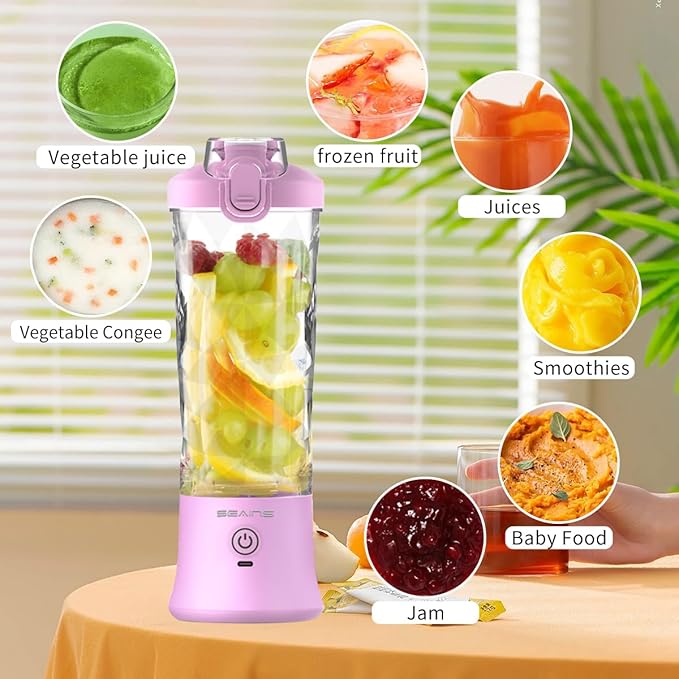 Portable Blender with 20 Oz Travel Cup, Mini Personal Size with 6 Blades and USB Rechargeable for Shakes, Smoothies, Gym, Kitchen and Outdoors (Purple)