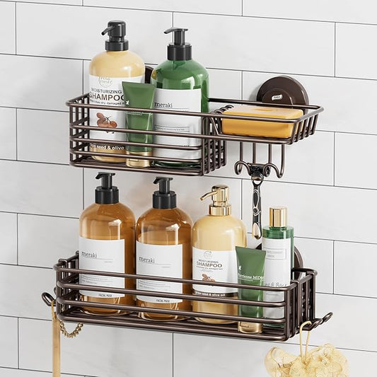 TAILI Shower Caddy Suction Cup 2 Pack with Hooks & Soap Holder, Heavy Duty Shower Organizer for Bathroom, No Drilling Bathroom Organizer with Large Capacity, Metal Storage Basket-Brown