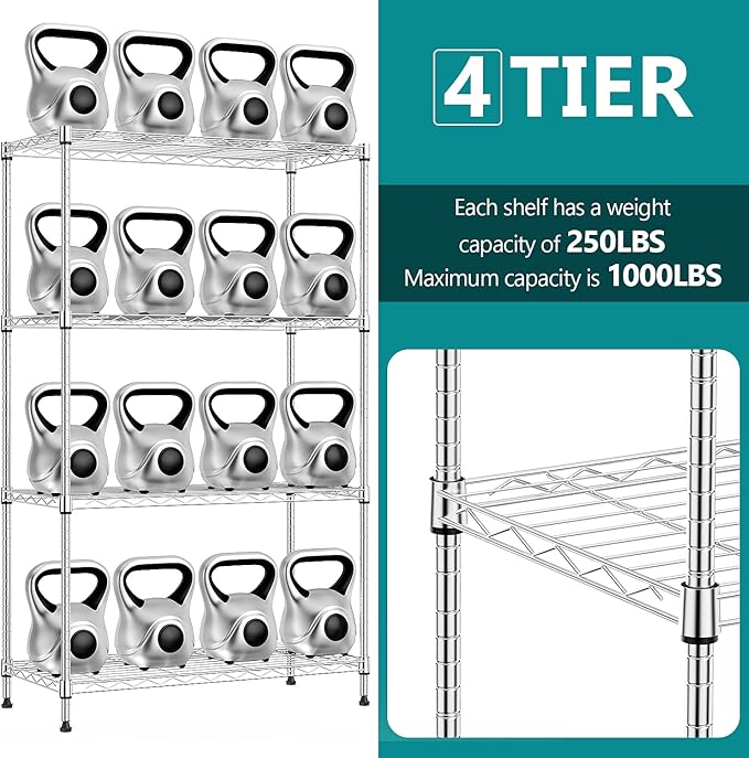 IZEUK 4-Tier Heavy Duty Steel Storage Shelves, Metal Shelf Wire Shelving Rack for Pantry, Kitchen, Home, or Office Organization (29.5" W x 13.7" D x 47.2" H, 1000LBS, Chrome)