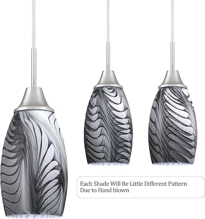 Mini Glass Pendant Light 4.72" with Handblown Black Gray Marble Art Glass Hanging Light 3-Pack Oval Ceiling Hanging Light Fixture for Dining Room Kitchen Island Cafe Foyer Hallway