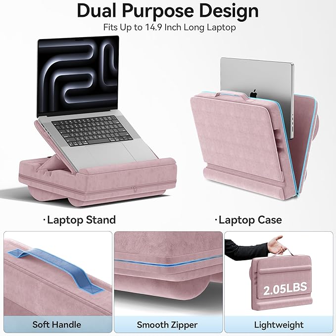 Laptop Lap Desk with Cushion, Adjustable Lap Desk Pillow with Storage, Portable Lap Table for Adults Student, Laptop Stand for Bed Office College Dorm Home Room Couch, Fits Up to 14.9" PC Tablet, Pink