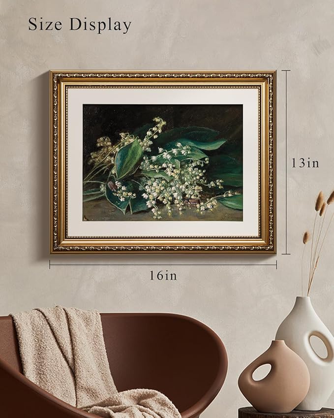 VIYYIEA Gold Framed Wall Art Canvas Print Home Decor Botanical Plant Wall Art Prints Bathroom Wall Decor Green Suzuran Plant Flower Wall Picture for Bedroom Floral Kitchen Art Boho Room Decor 13x16in