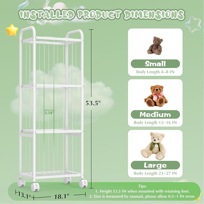 Stuffed Animal Storage Metal Tube Extra Large Toy Storage Organizer with Brake Wheels, Stuffed Animal Holder Zoo Organizer for Nursery Playroom Kids Room White(53.5” x 18.1”x 13”)