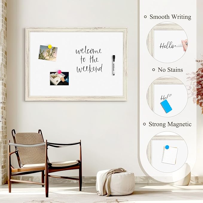 4 THOUGHT Dry Erase Board, 24 x 36 in Magnetic Whiteboard White Vintage Wood Frame Wall-Mounted White Board Decorative Notice Board for School, Office, Home, 6 Magnets 4 Markers 1 Eraser